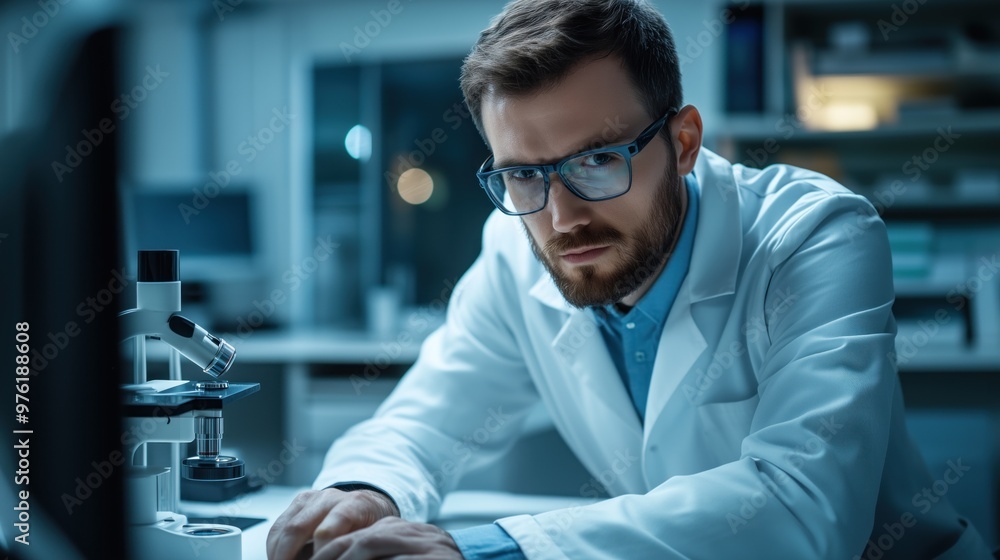 A dedicated researcher studies samples at a microscope, showcasing concentration and precision in a modern laboratory lit by soft artificial lighting A dedicated researcher studies samples at a microscope, showcasing concentration and precision in a modern laboratory lit by soft artificial lighting