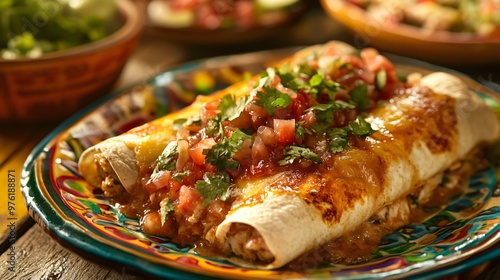 Crab enchiladas with spicy salsa, resting on a colorful ceramic plate with a lively Mexican cantina in the background photo