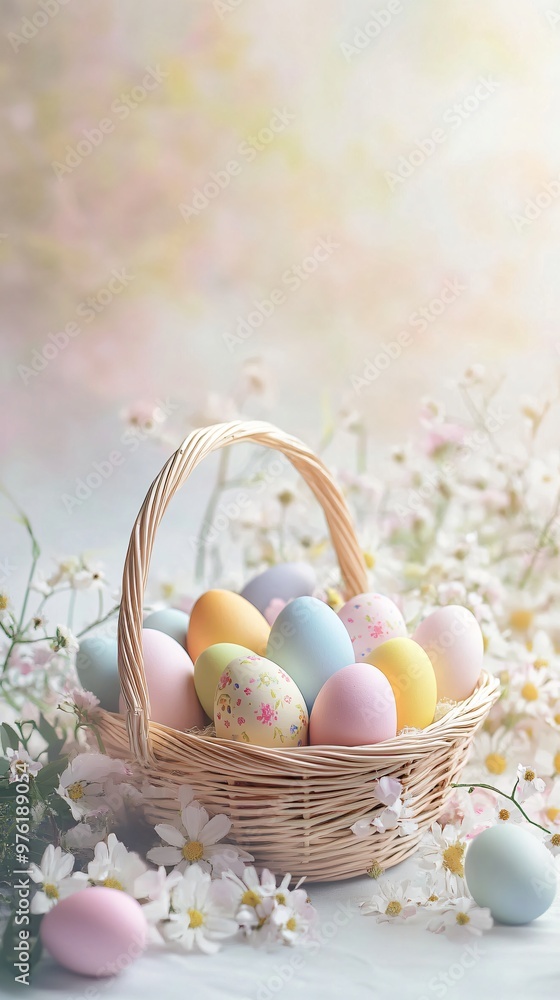 A serene Easter-themed scene with a basket filled with colorful eggs surrounded by spring flowers on a light background A serene Easter-themed scene with a basket filled with colorful eggs surrounded by spring flowers on a light background