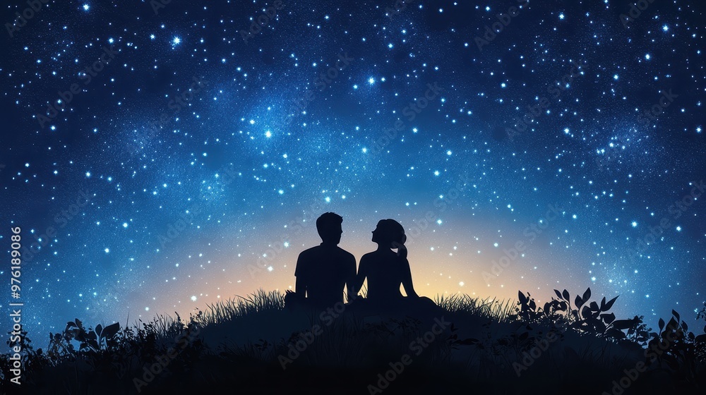 Romantic Cartoon Couple on Hill Watching Stars - Symbol of Emotional Intimacy Romantic Cartoon Couple on Hill Watching Stars - Symbol of Emotional Intimacy