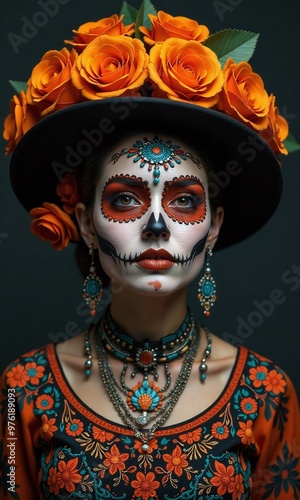 intricate Day of the Dead makeup, elaborate black hat adorned with orange roses and detailed patterns