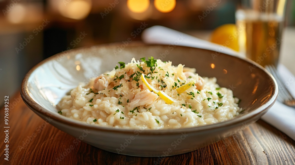 Crab risotto with shaved parmesan and lemon zest, placed on a rustic wooden table, with a soft-lit Italian bistro in the background Crab risotto with shaved parmesan and lemon zest, placed on a rustic wooden table, with a soft-lit Italian bistro in the background