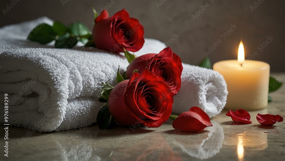 Romantic red roses and spa towels with candlelight for a serene beauty treatment. Romantic red roses and spa towels with candlelight for a serene beauty treatment.