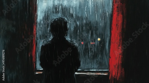 Contemplative Figure by the Rainy Window - Hand-Drawn Illustration of Melancholy and Reflection