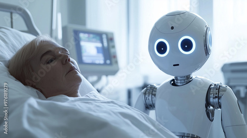 Cutting-edge healthcare technology on display as futuristic medical robot assists patient in hospital bed photo