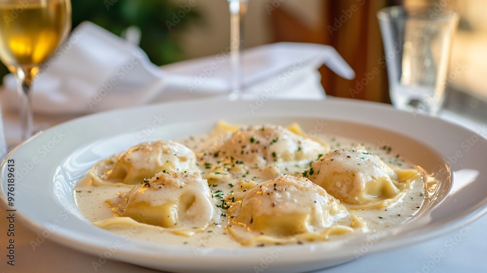 Crab-stuffed ravioli with a rich cream sauce, served on a porcelain plate with an elegant Italian dining room in the background Crab-stuffed ravioli with a rich cream sauce, served on a porcelain plate with an elegant Italian dining room in the background