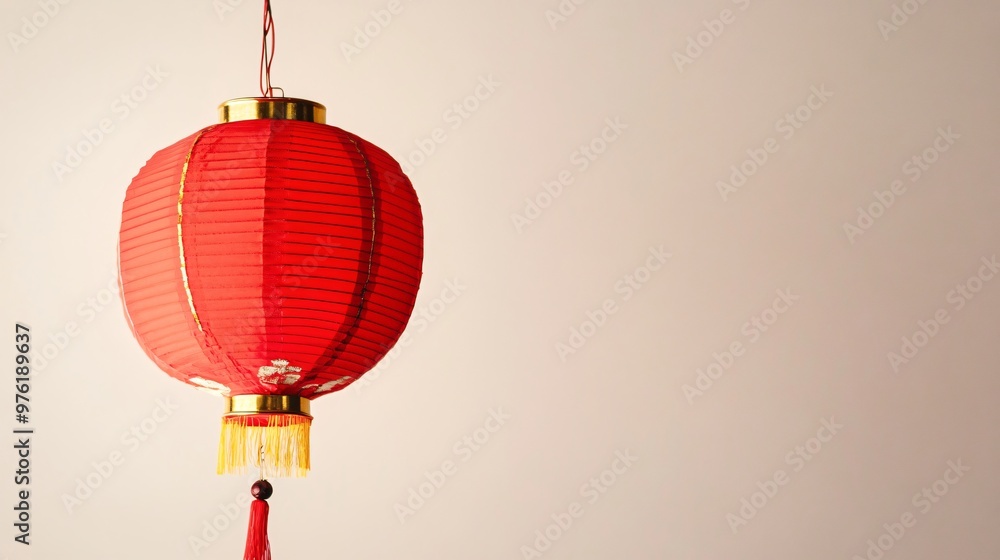Obraz premium A vibrant red lantern hanging against a light solid color background, symbolizing good fortune for the Chinese New Year