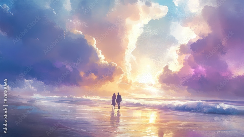 Fototapeta premium Tranquil Serenity - Pastel Illustration of Couple Walking Hand in Hand on Beach Surrounded by Clouds and Waves