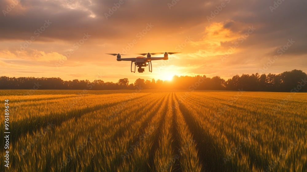 Drone Flying Over Golden Field at Sunset Drone Flying Over Golden Field at Sunset