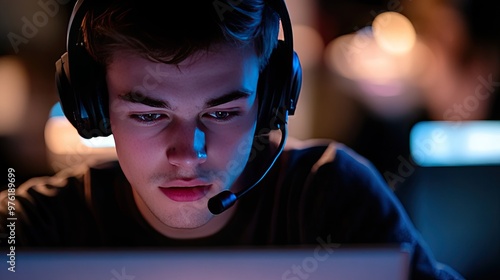 A call center agent in headphones, engaged in a conversation with a customer while using a laptop, captured in an unintentional photo in a bustling support environment. photo