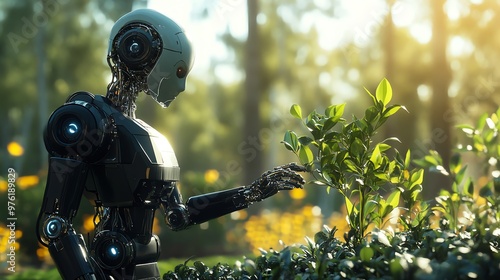 Wallpaper Mural A futuristic robot interacts with a plant in a garden setting. Torontodigital.ca