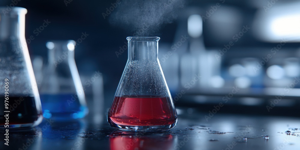 Laboratory beakers containing red and blue liquids, with vapor rising, evoke themes of scientific research, experimentation, and the exploration of chemical reactions. Laboratory beakers containing red and blue liquids, with vapor rising, evoke themes of scientific research, experimentation, and the exploration of chemical reactions.