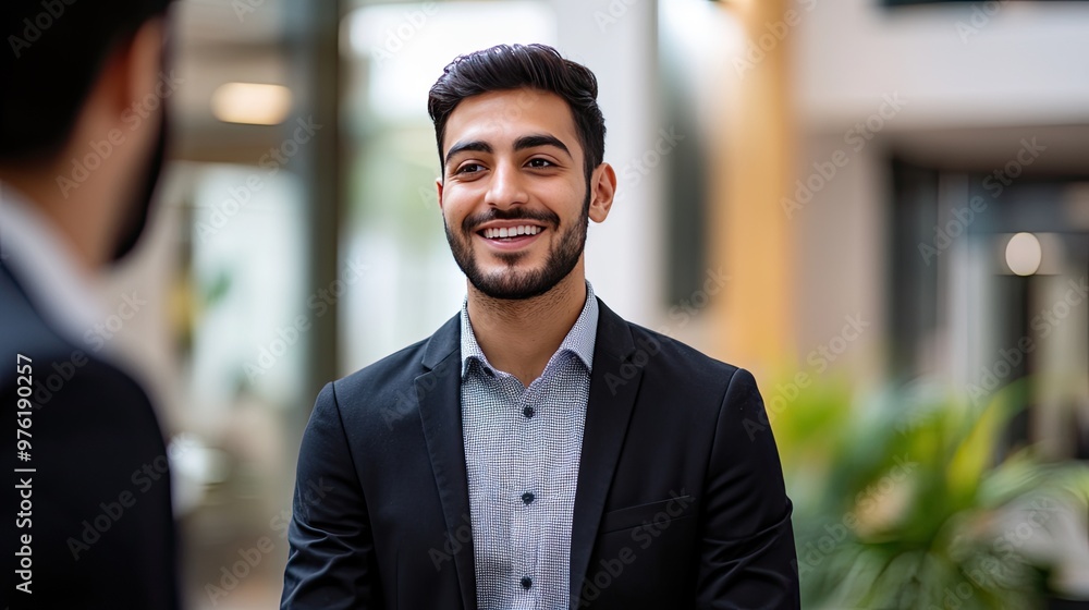 A male employee in formal attire stands talking to a customer with a friendly smile, conveying professionalism and customer satisfaction in a business setting. A male employee in formal attire stands talking to a customer with a friendly smile, conveying professionalism and customer satisfaction in a business setting.