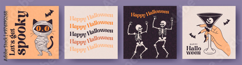 Happy Halloween set of cute hand drawn vector cartoon cards or party invitations with dancing skeletons, black cat dressed as a mummy, witch's hand with a cocktail. Trendy design for decor and ads