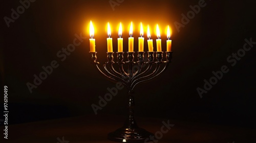 A beautifully lit menorah with nine candles glowing softly in a dark room, symbolizing the festival of lights