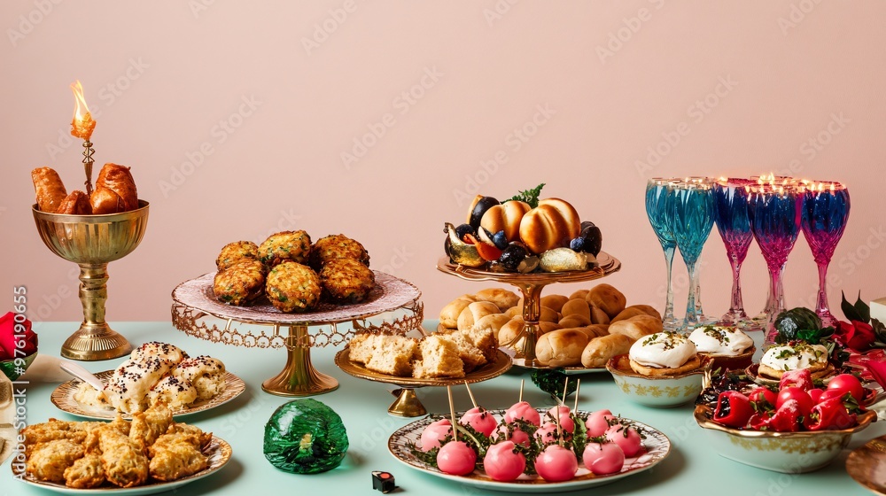A festive table setting adorned with traditional Hanukkah foods, such as latkes and sufganiyot, against a light solid color background A festive table setting adorned with traditional Hanukkah foods, such as latkes and sufganiyot, against a light solid color background