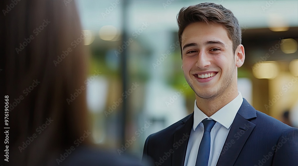 A professional male employee in a suit talking to a customer with a genuine smile, showcasing positive client interaction in a corporate atmosphere. A professional male employee in a suit talking to a customer with a genuine smile, showcasing positive client interaction in a corporate atmosphere.