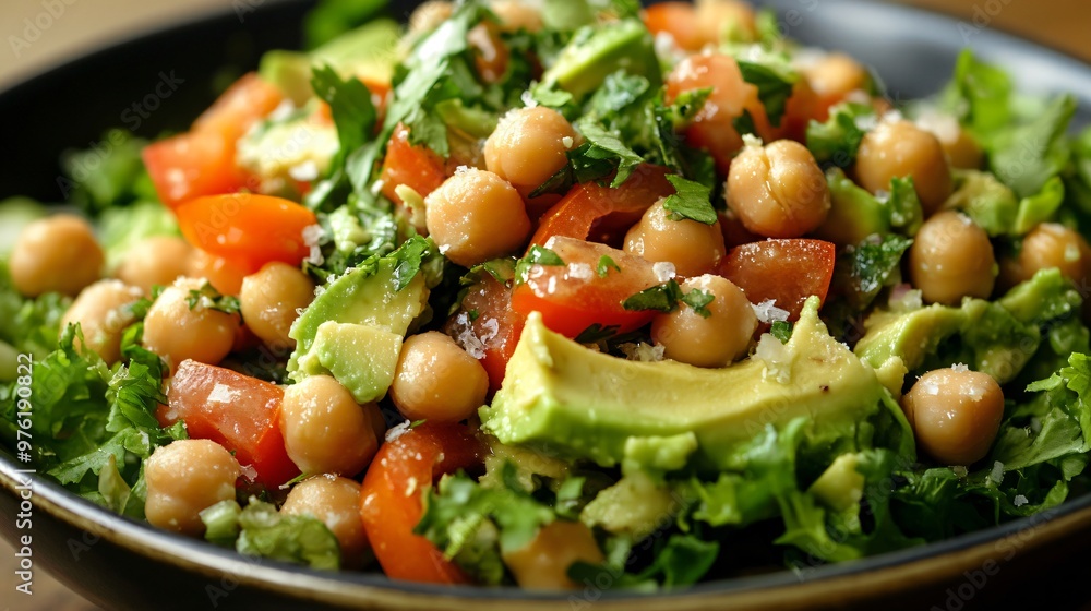 Close up of a bowl of salad with chickpeas, avocado, tomato, and herbs. Close up of a bowl of salad with chickpeas, avocado, tomato, and herbs.