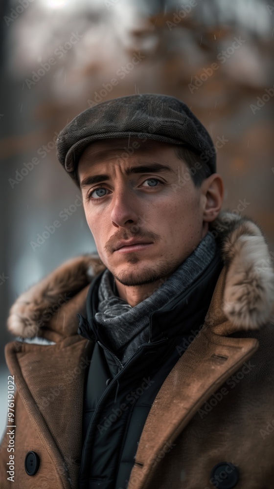 The young man stands outdoors, wearing a cap and a fur-lined coat, with a contemplative expression The young man stands outdoors, wearing a cap and a fur-lined coat, with a contemplative expression