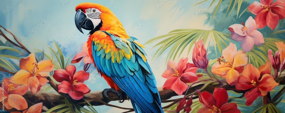 Obraz premium A vibrant illustration of a parrot perched in a tropical tree against a turquoise sky