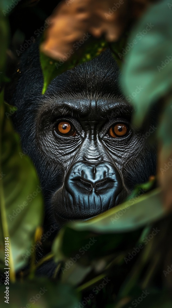 Close-up of gorilla peeking through foliage, wildlife photography capturing intense gaze. Nature and conservation concept Close-up of gorilla peeking through foliage, wildlife photography capturing intense gaze. Nature and conservation concept