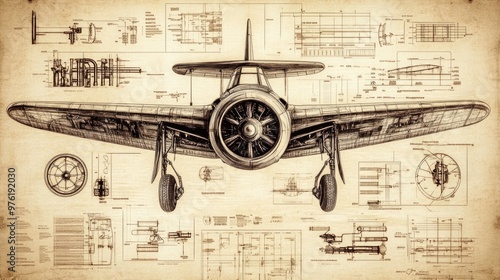 Schematic design of a Spitfire fighter aircraft with detailed technical drawings