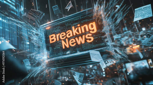 Vibrant animation showcasing the concept of breaking news, with glowing headlines and floating articles against a futuristic backdrop