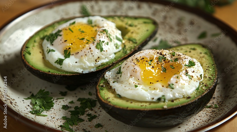 Two avocado halves filled with poached eggs, seasoned with parsley and black pepper on a speckled plate. Two avocado halves filled with poached eggs, seasoned with parsley and black pepper on a speckled plate.