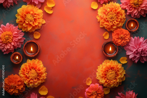 Diwali festival background, Rangoli, bright colors, top view  photo