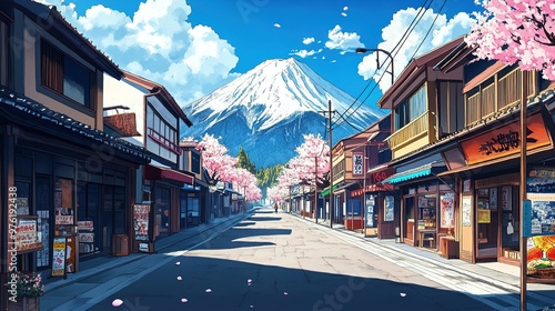 Lofi Beautiful Street of Old Japanese Japan Town with Shops and Majestic Mount Fuji Cherry Blossom Sakura - Anime Manga Style Cozy Chill Relax Wallpaper Background
