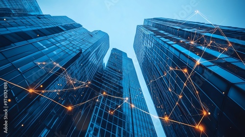 Modern skyscrapers rise towards the sky, surrounded by a digital network concept showcasing technology and innovation in architecture.