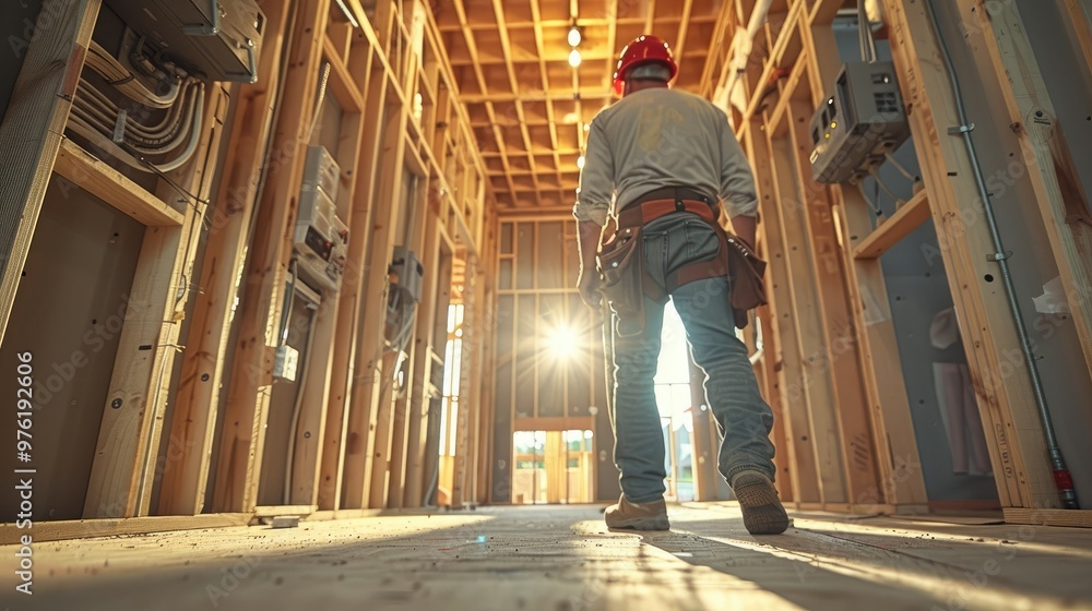 Fototapeta premium Electrician installing wiring in newly framed building during construction work