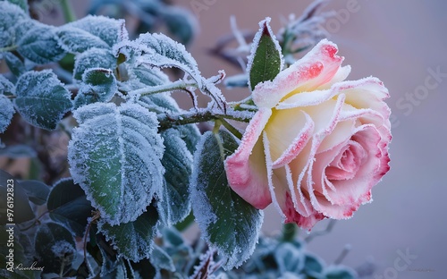 Generative-AI, Close-Up of Frosted Rose with Intricate Frost Details on Petals and Leaves photo