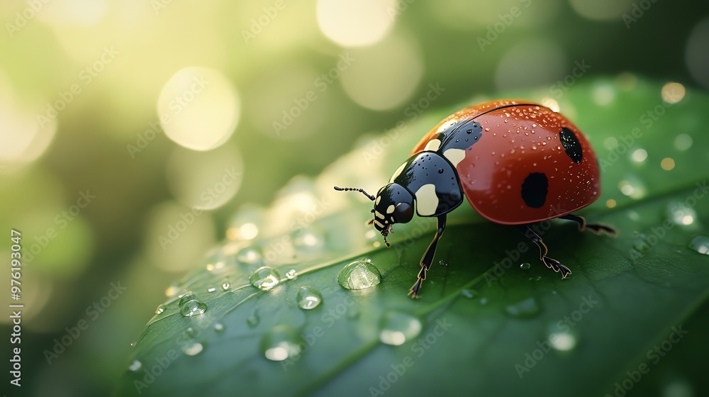 Fototapeta premium A ladybug sits on a dewy green leaf in the sunshine.
