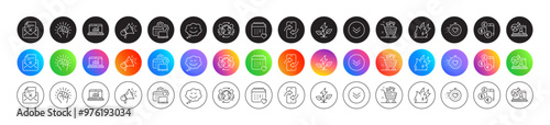 Healthcare calendar, Fire energy and Software line icons. Round icon gradient buttons. Pack of Reject letter, Empower, Global business icon. Eco power, Grocery basket, Megaphone pictogram. Vector