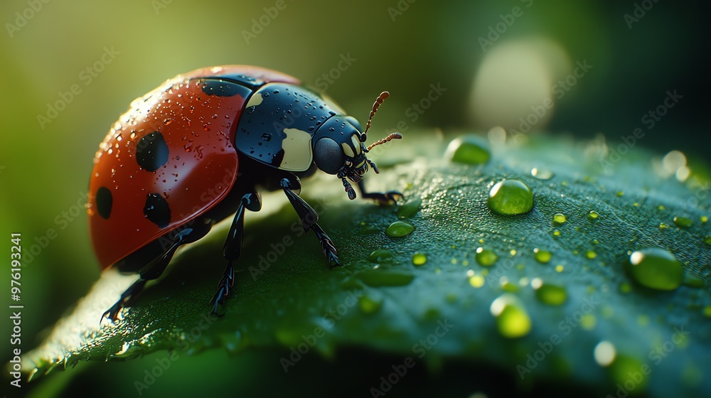Obraz premium A ladybug with water droplets on its shell sits on a leaf.