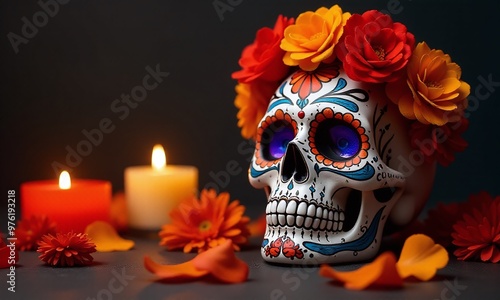 colorful sugar skull, Day of the Dead, marigold flowers