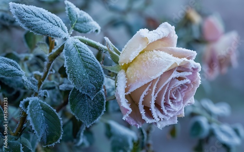 Generative-AI, Close-Up of Frosted Rose with Intricate Frost Details on Petals and Leaves photo