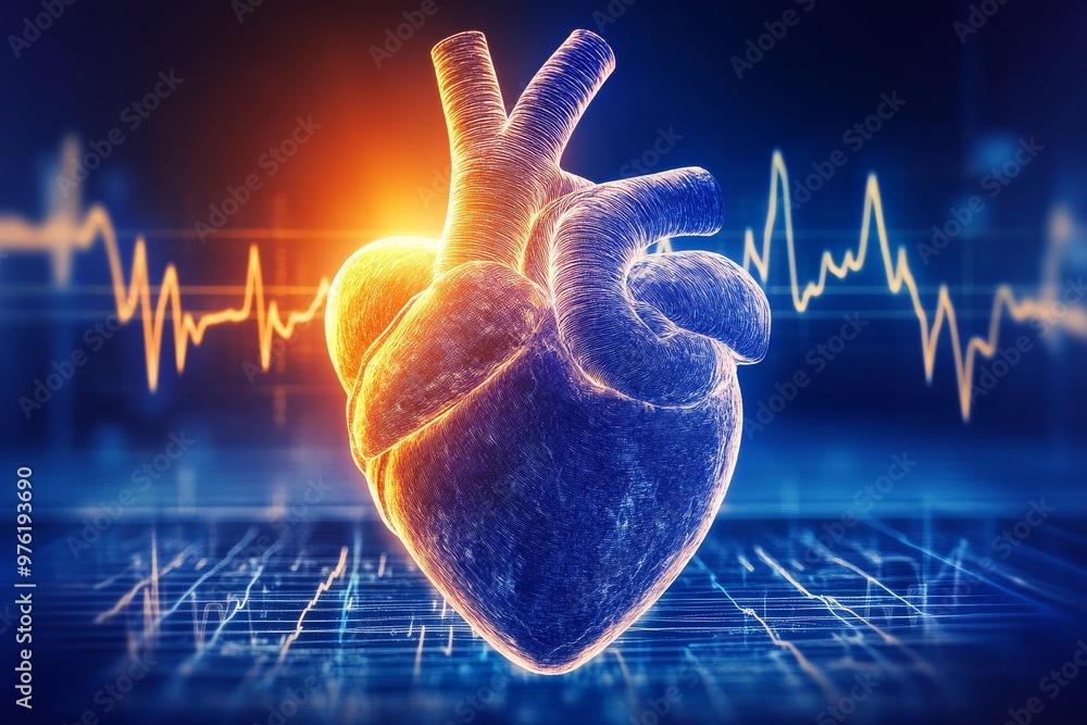 Blue glowing digital heart with pulse lines in a futuristic medical ...