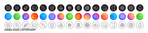 Clock bell, Scroll down and Artificial intelligence line icons. Round icon gradient buttons. Pack of Smile face, Computer, Cable section icon. Phone, Podium, Internet documents pictogram. Vector