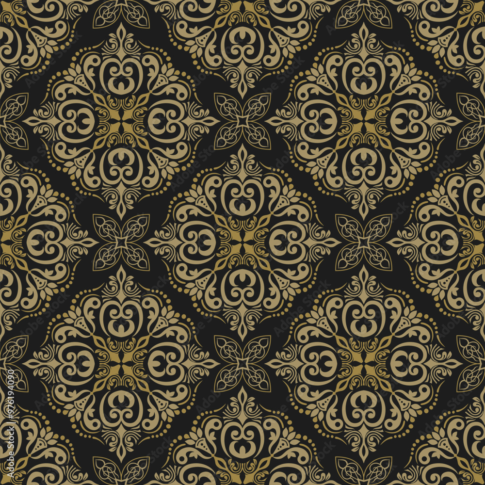 Ornate gold and black floral pattern design suitable for textiles or wallpaper. Ornate gold and black floral pattern design suitable for textiles or wallpaper.