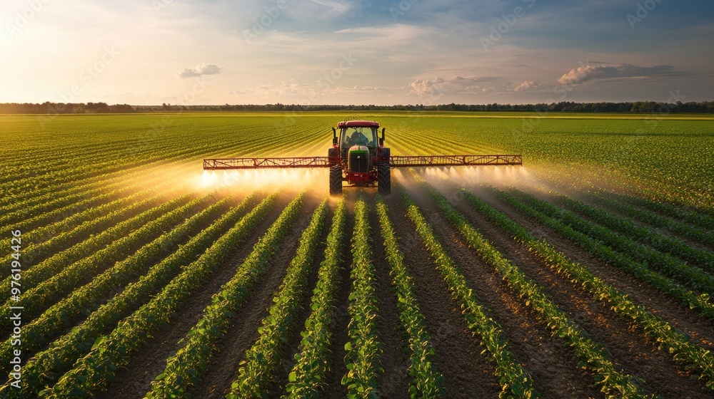 Tractor Spraying Crops at Sunset Tractor Spraying Crops at Sunset