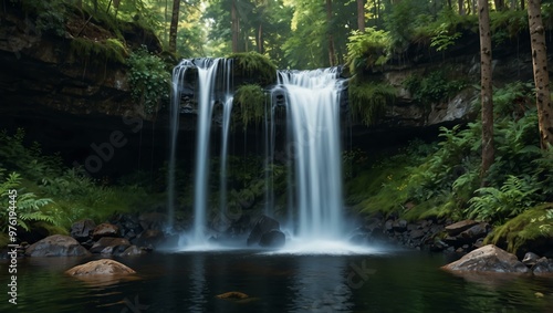 Scenic waterfall in a forest, AI-generated.