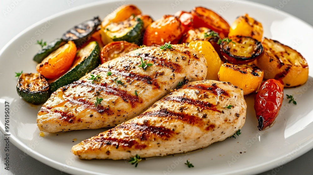 Grilled chicken breast with vegetables on a white plate. Grilled chicken breast with vegetables on a white plate.