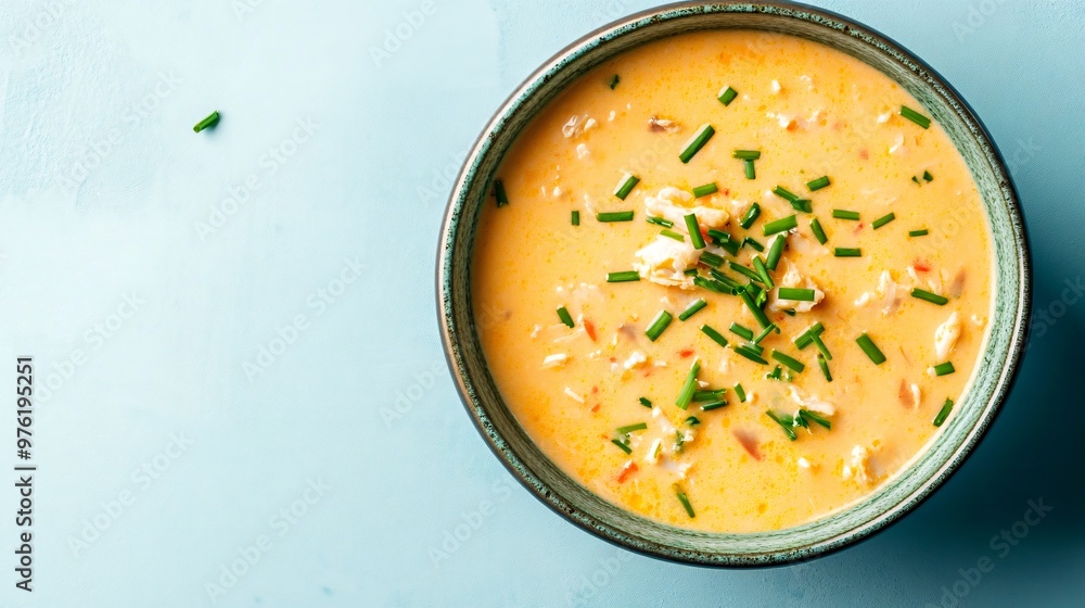 A bowl of creamy crab bisque garnished with chives, placed on a flat light blue background for a contemporary aesthetic A bowl of creamy crab bisque garnished with chives, placed on a flat light blue background for a contemporary aesthetic