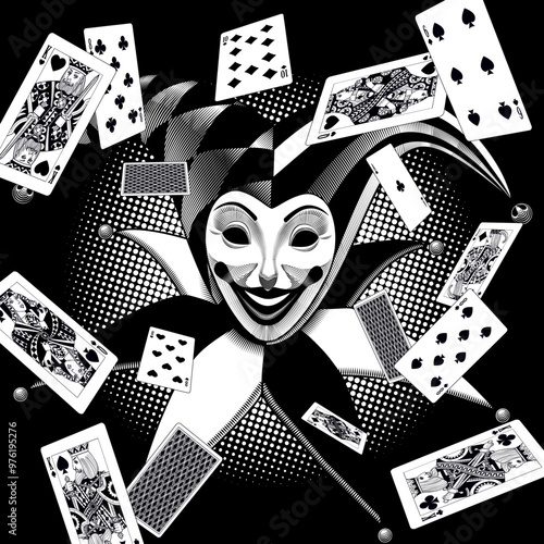 Joker's smiling head with with flying playing cards in perspektive on the black background. Drawing in vintage engraving and linear black and white style. 
Vector conceptual illustration