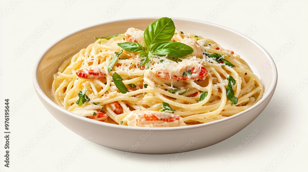 A crab pasta dish with parmesan and basil, isolated on a pale cream background with subtle shadows for depth