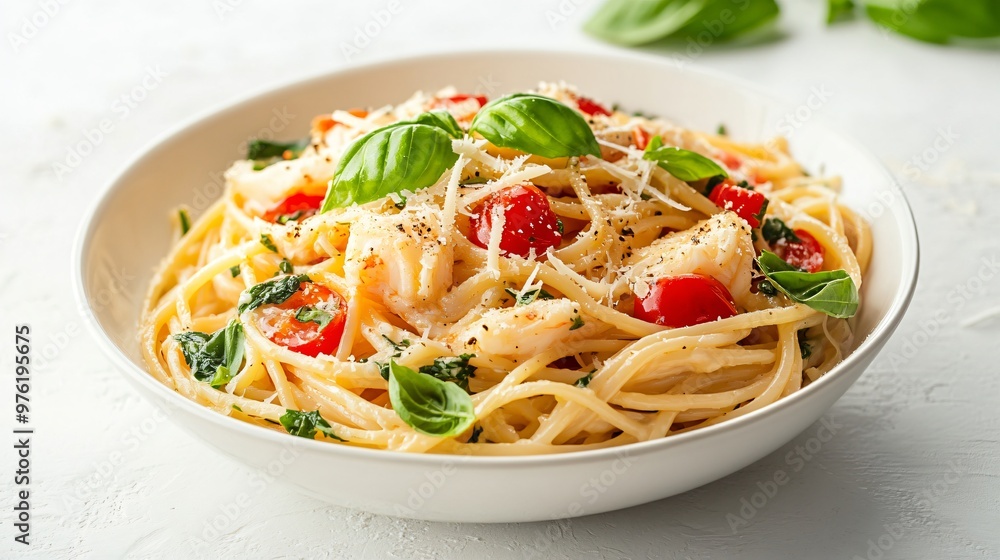 A crab pasta dish with parmesan and basil, isolated on a pale cream background with subtle shadows for depth A crab pasta dish with parmesan and basil, isolated on a pale cream background with subtle shadows for depth