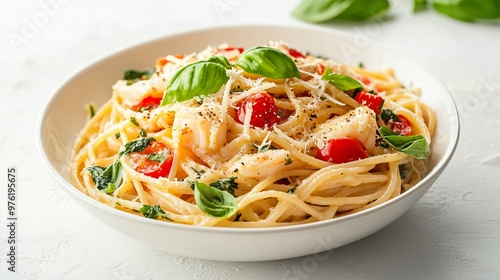 A crab pasta dish with parmesan and basil, isolated on a pale cream background with subtle shadows for depth