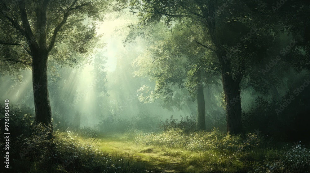 Naklejka premium Sunbeams in the Forest